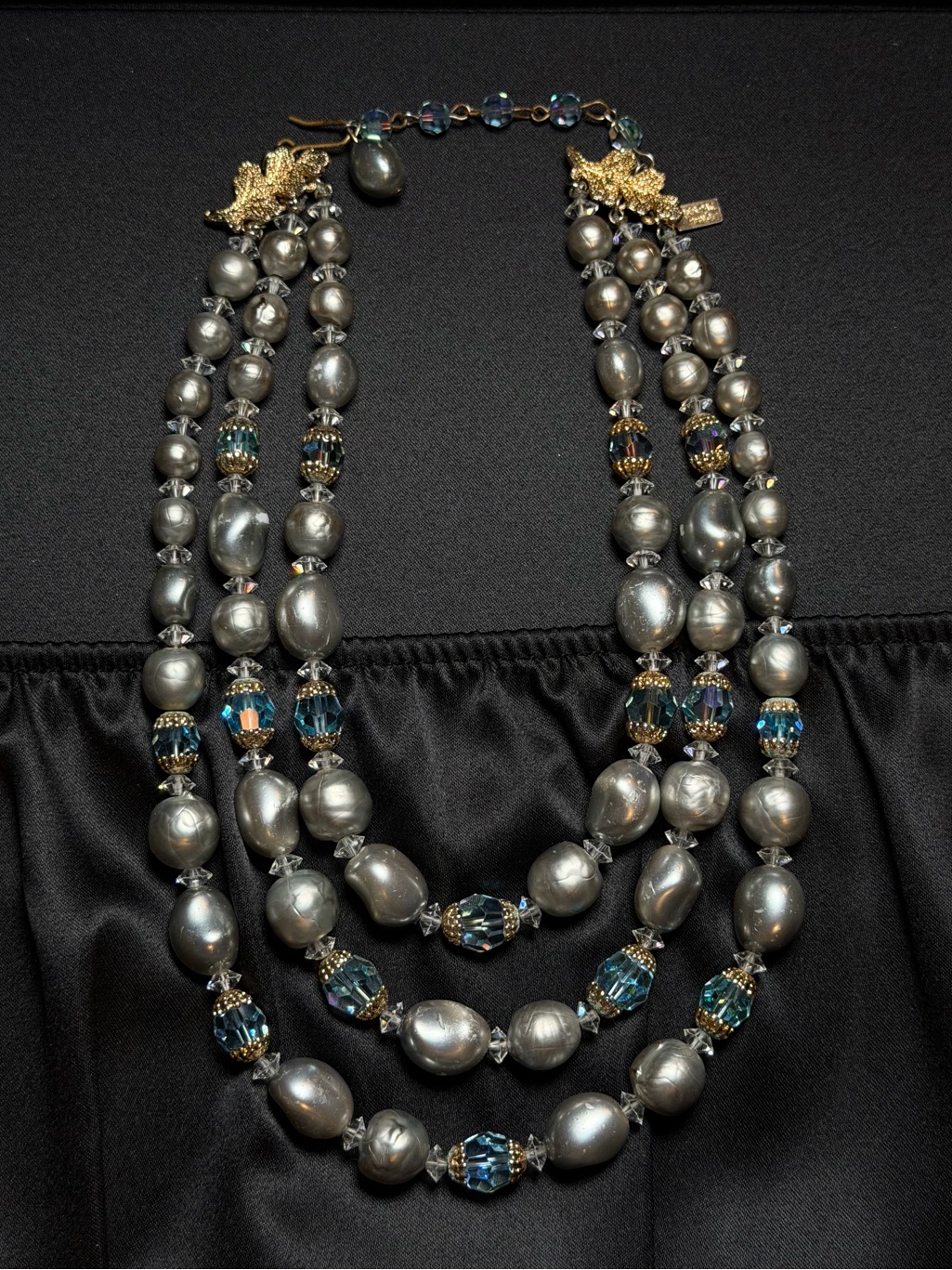Vintage Vendome Triple Strand Faux Baroque Pearl & Aurora Crystal Necklace